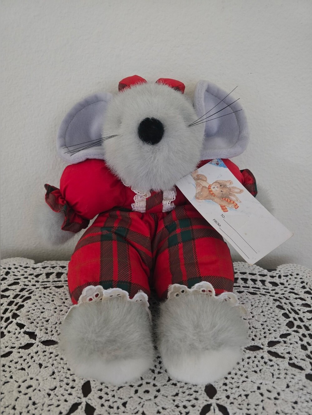 Gray Plush Mouse in Red Plaid Holiday Outfit